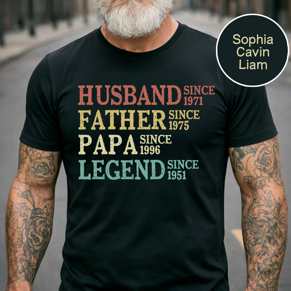 Husband Father Papa Legend Custom T-Shirt – Personalized Vintage Tee with Years & Kids Names, Gift for Dad Grandpa