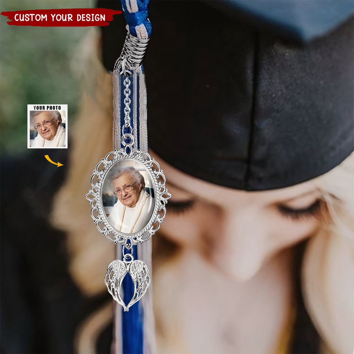 Personalized Graduation Tassel Photo Charm with Angel Wings – Custom Memorial Keepsake for Graduation Day