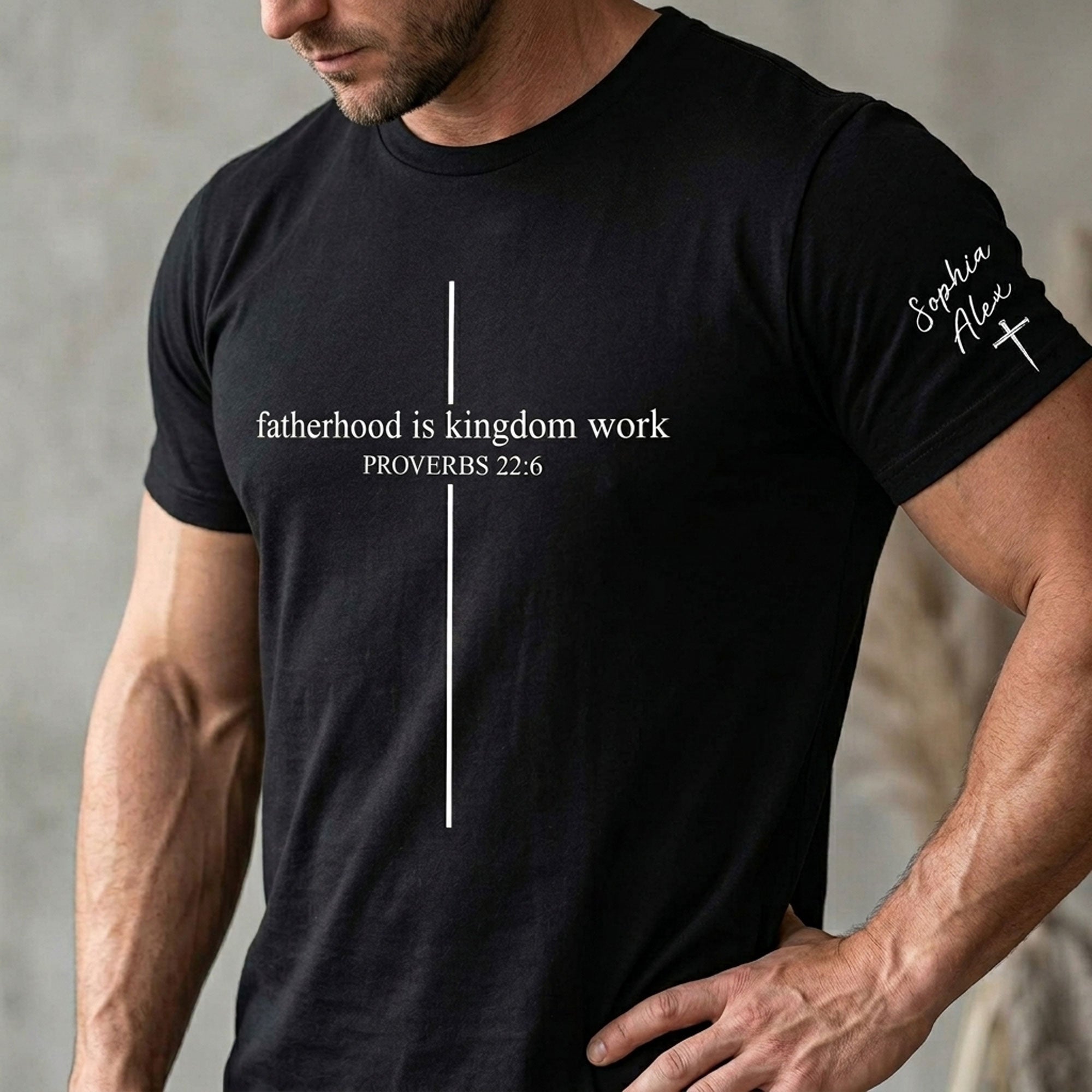 Personalized "Fatherhood Is Kingdom Work" Christian Dad T-Shirt – Custom Kids’ Names Sleeve Tee, Faith-Based Father’s Day Gift