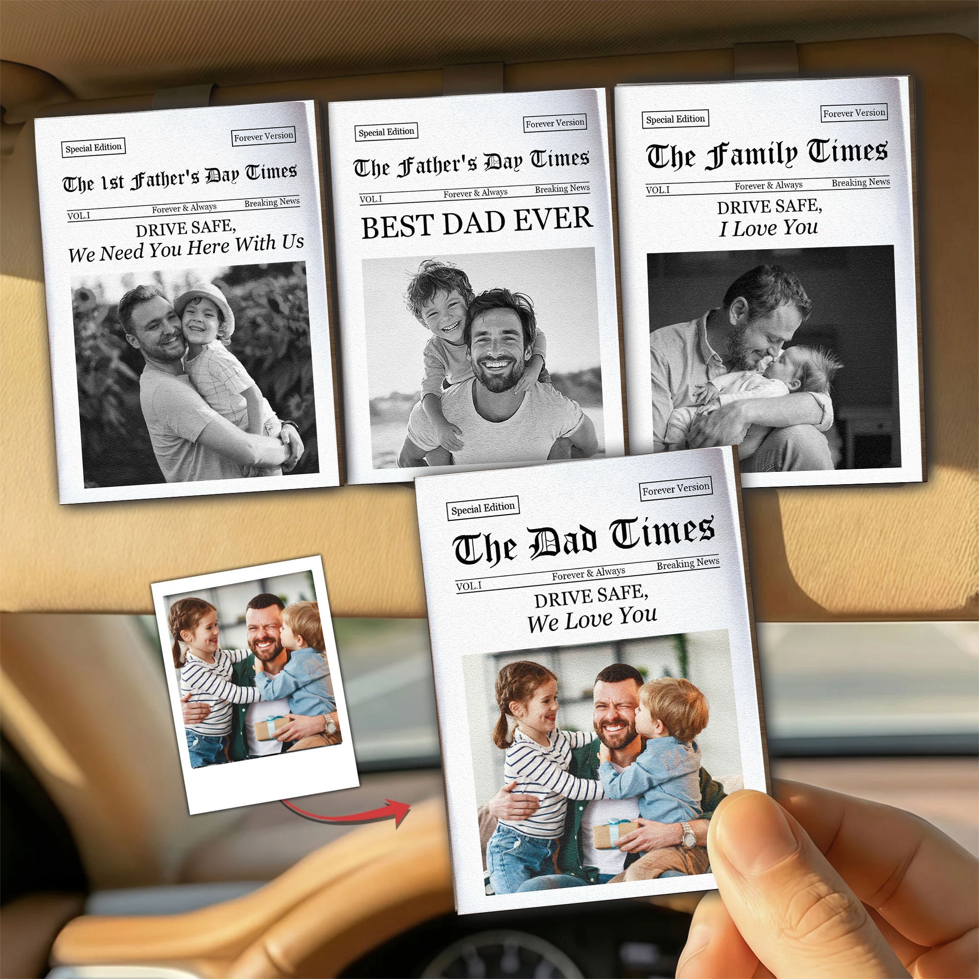 Personalized The Dad Times Drive Safe Car Visor Clip – Custom Photo Newspaper Style Gift for Dad, Father’s Day Car Accessory