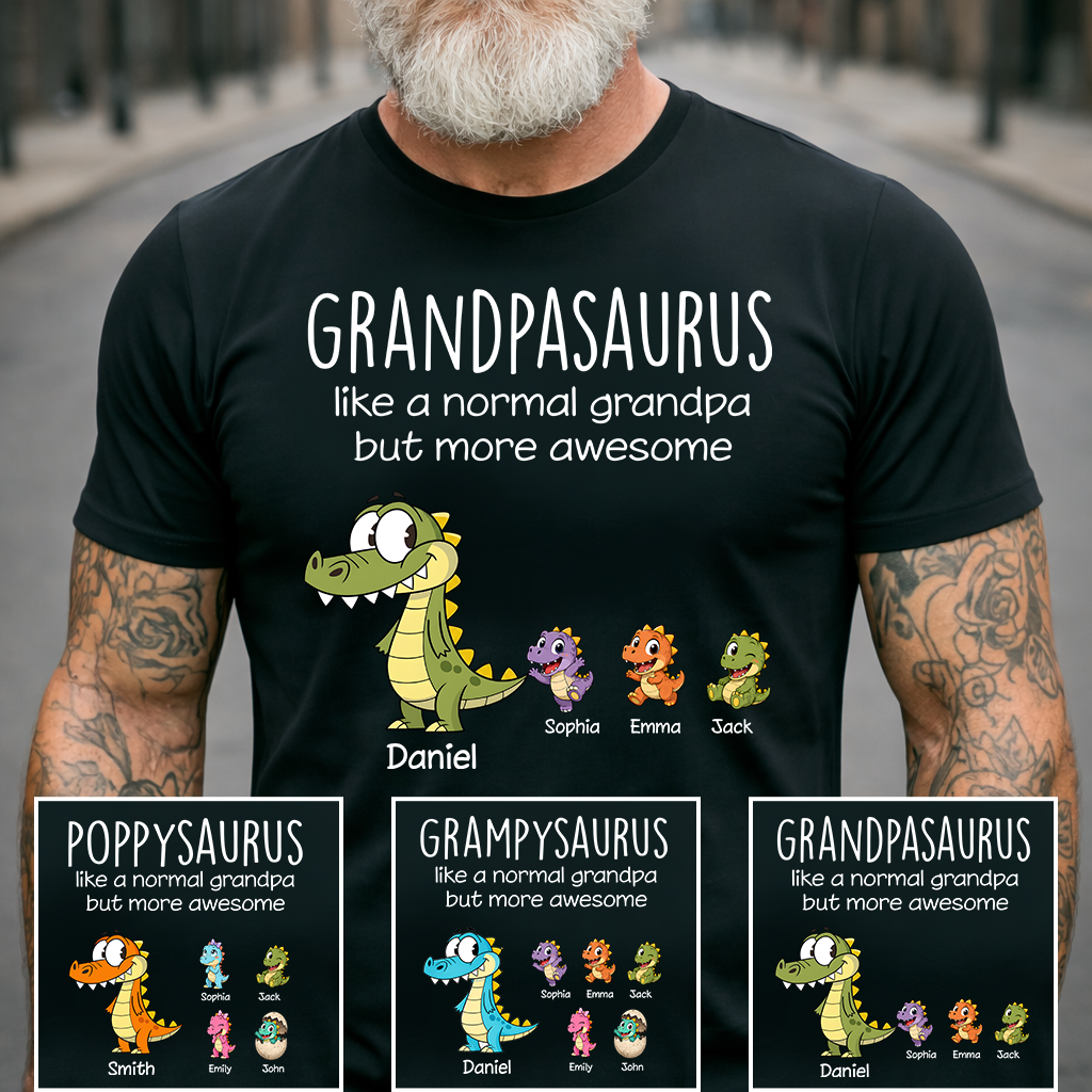 Personalized Grandpasaurus Dinosaur T-Shirt – Custom Grandkids Names Funny Grandpa Tee, Gift for Papa Poppy Gramps