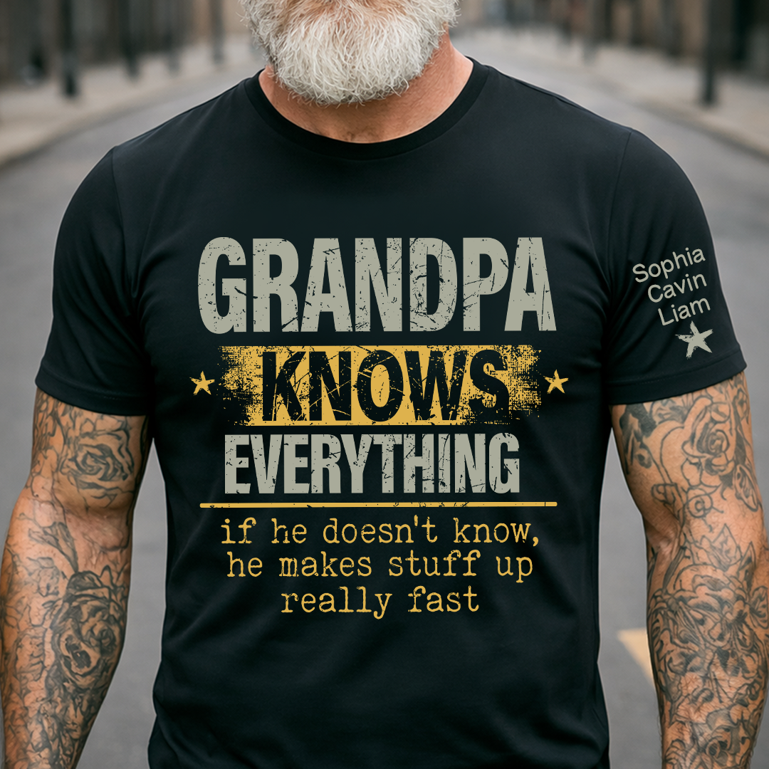 Personalized "Grandpa Knows Everything" Funny T-Shirt – Custom Grandkids’ Names Sleeve Tee, Vintage-Style Gift for Grandpa