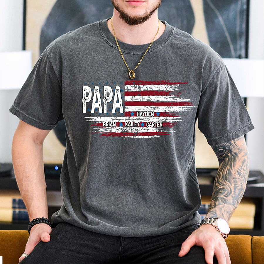 Father’s Day Shirt – Papa and Grandkids American Flag T-Shirt, Personalized Grandpa Tee with Custom Grandkids‘ Names