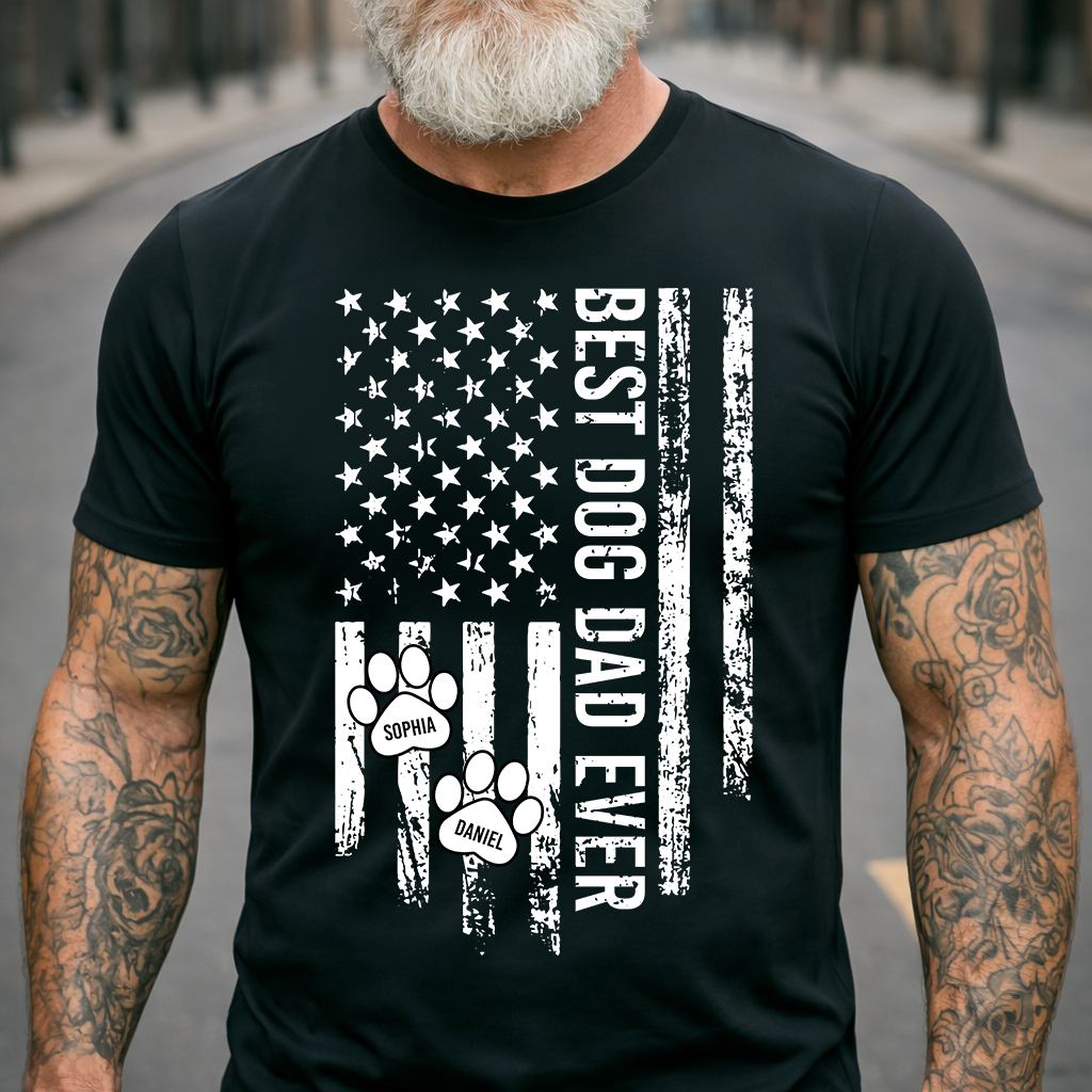 Best Dog Dad Ever Personalized American Flag T-Shirt – Custom Dog Names Paw Print Tee, Dog Lover Father’s Day Gift