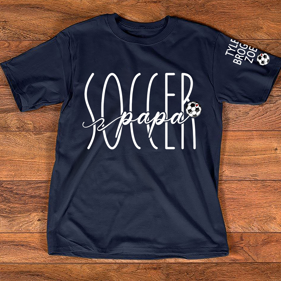 Soccer Papa Shirt, Personalized Soccer Dad T-Shirt with Kids Names on Sleeve, Custom Grandpa Soccer Tee, Father’s Day Gift for Papa