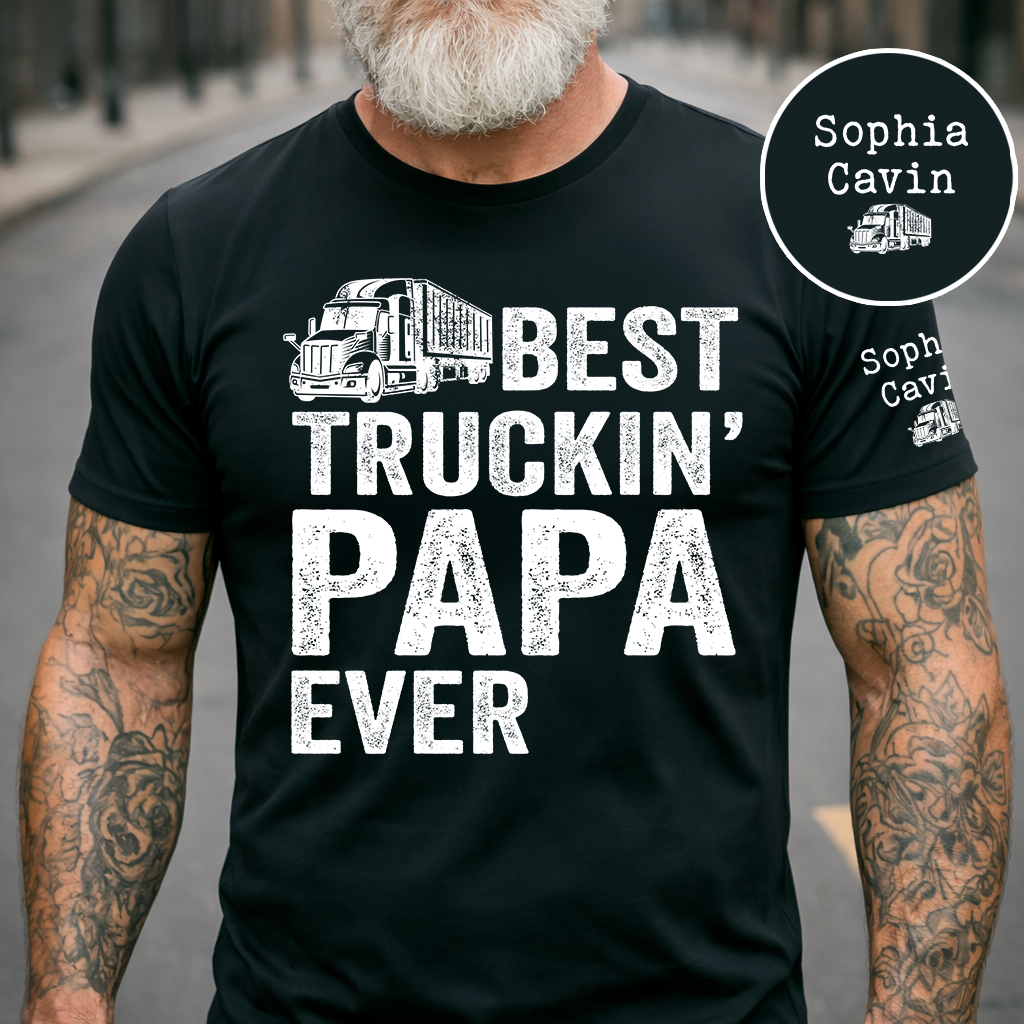 Personalized "Best Truckin' Papa Ever" T-Shirt – Custom Grandkids’ Names Sleeve Tee, Truck Driver Gift for Papa/Grandpa