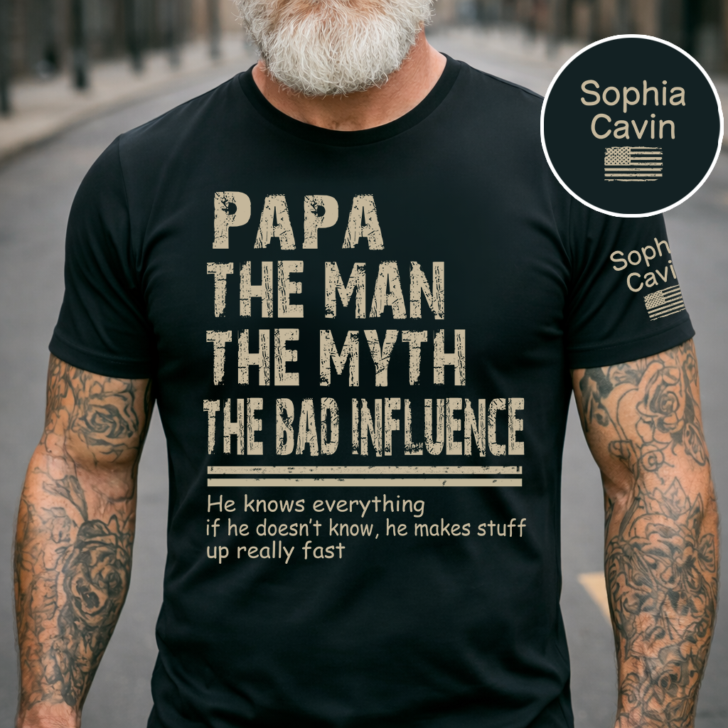 Papa The Man The Myth The Bad Influence Custom T-Shirt – Funny Personalized Tee with Kids Names on Sleeve, Father’s Day Gift for Grandpa