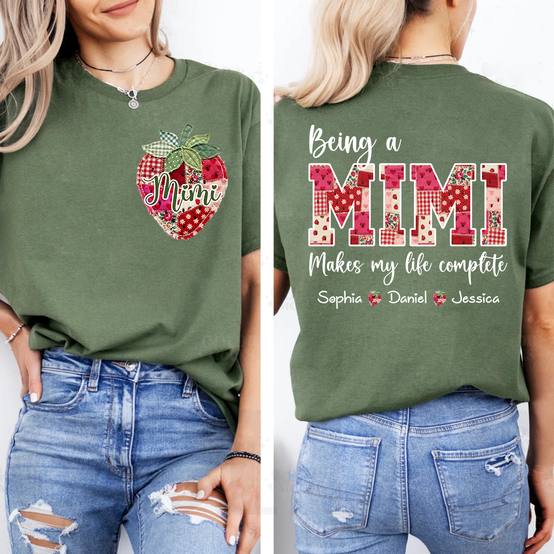 Double-Sided Patchwork Strawberry Mimi T-Shirt | Custom Grandkids Names Vintage Grandma Comfort Colors Tee, Mother’s Day & Summer Gift for Nana Gigi