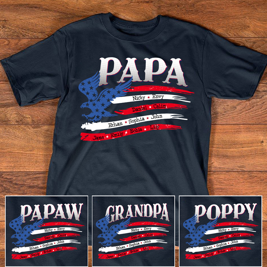 Papa Eagle American Flag Custom T-Shirt – Personalized Patriotic Tee with Kids Names, Father’s Day Gift for Grandpa