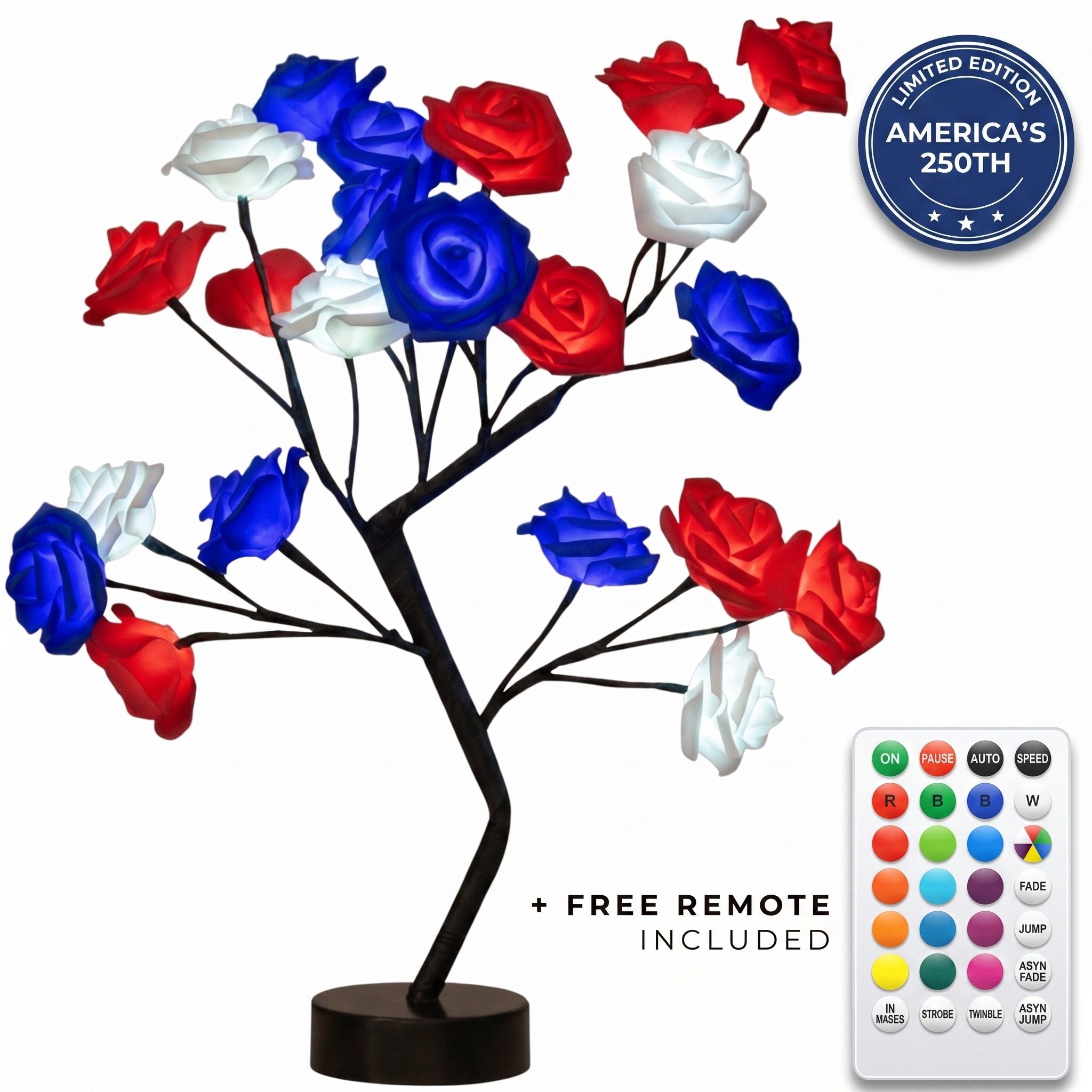 America’s 250th Limited Edition Red White Blue LED Rose Tree Lamp | Remote Controlled Patriotic USA Tabletop Rose Light, 4th of July Independence Day Home Decor