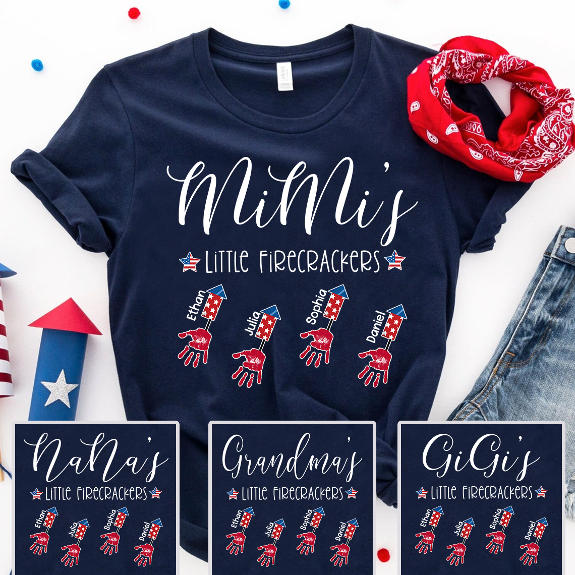 Personalized Mimi’s Little Firecrackers T-Shirt | Custom Grandkids Handprint Firecracker Patriotic Grandma Tee, 4th of July Mother’s Day Gift for Grandma