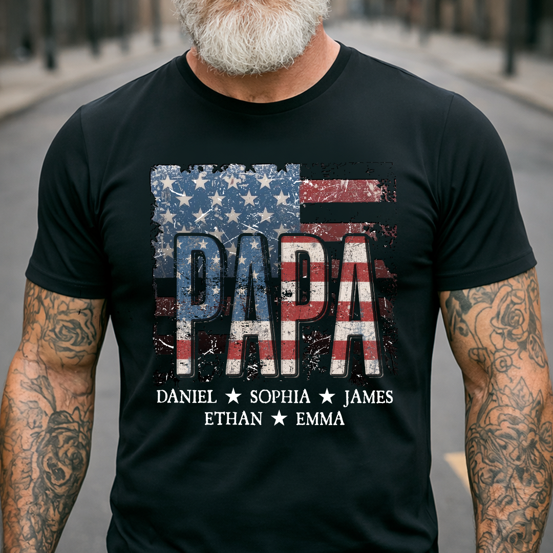 Papa American Flag Custom T-Shirt – Personalized Patriotic Tee with Kids Names, Father’s Day Gift for Grandpa