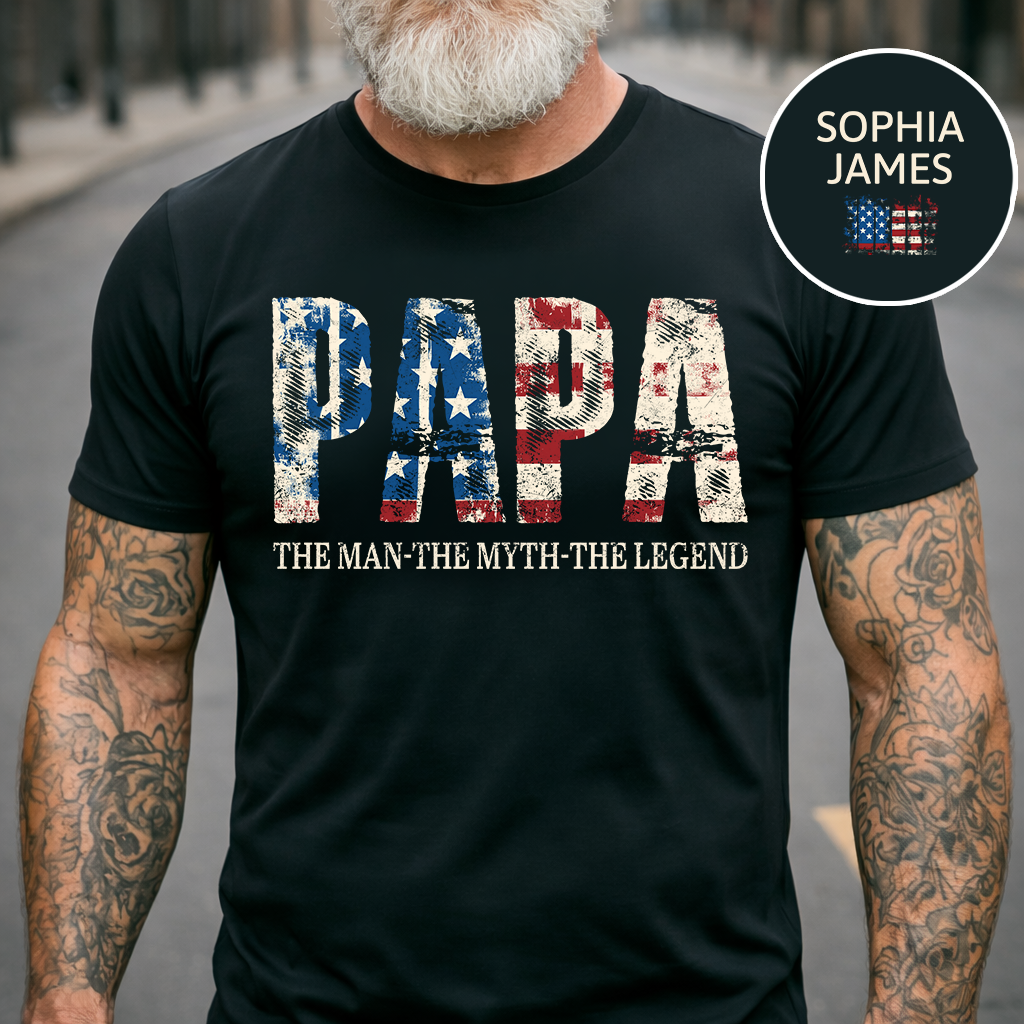 Papa The Man The Myth The Legend Custom T-Shirt – Personalized American Flag Tee with Kids Names on Sleeve, Father’s Day Gift for Grandpa