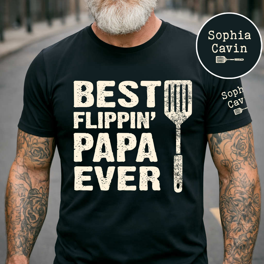 Personalized "Best Flippin' Papa Ever" T-Shirt – Custom Grandkids’ Names Sleeve Tee, Grill Master Gift for Papa/Grandpa