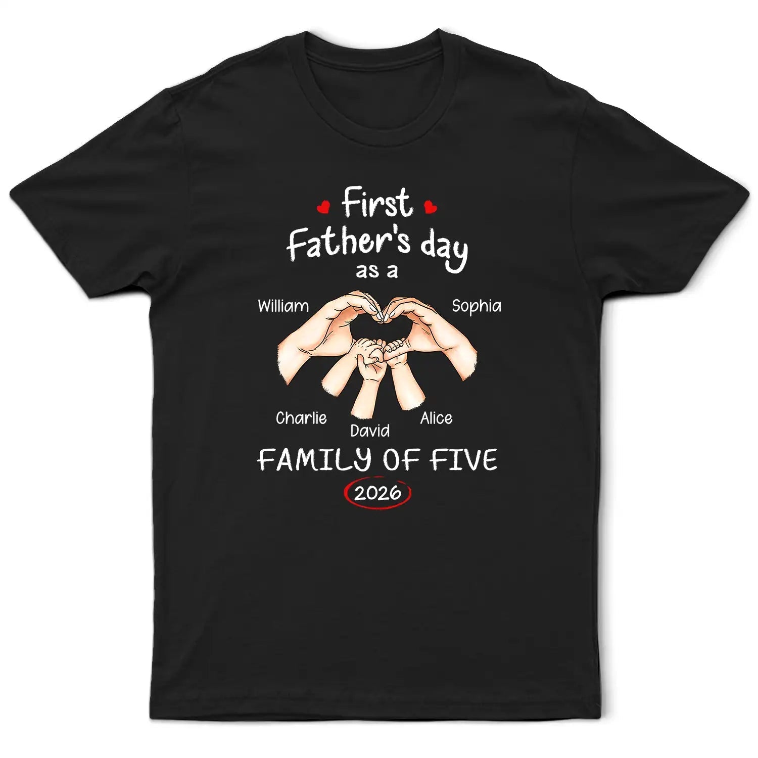 First Father’s Day As A Family Of Five Personalized T-Shirt – Custom Names & Year Handprint Family Tee, New Dad Gift