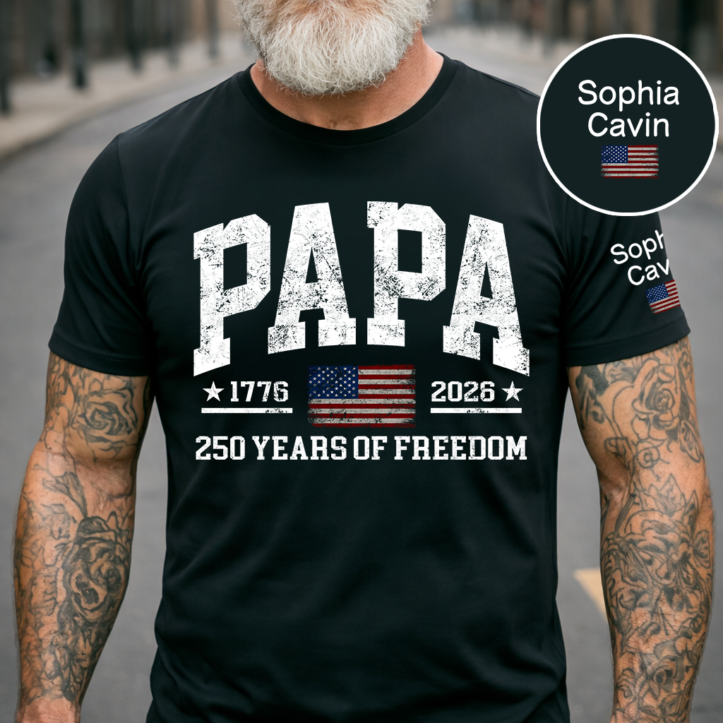 Personalized Patriotic Papa 250 Years of Freedom T-Shirt – Custom Grandkids’ Names Sleeve Tee, U.S. 250th Anniversary Gift for Grandpa