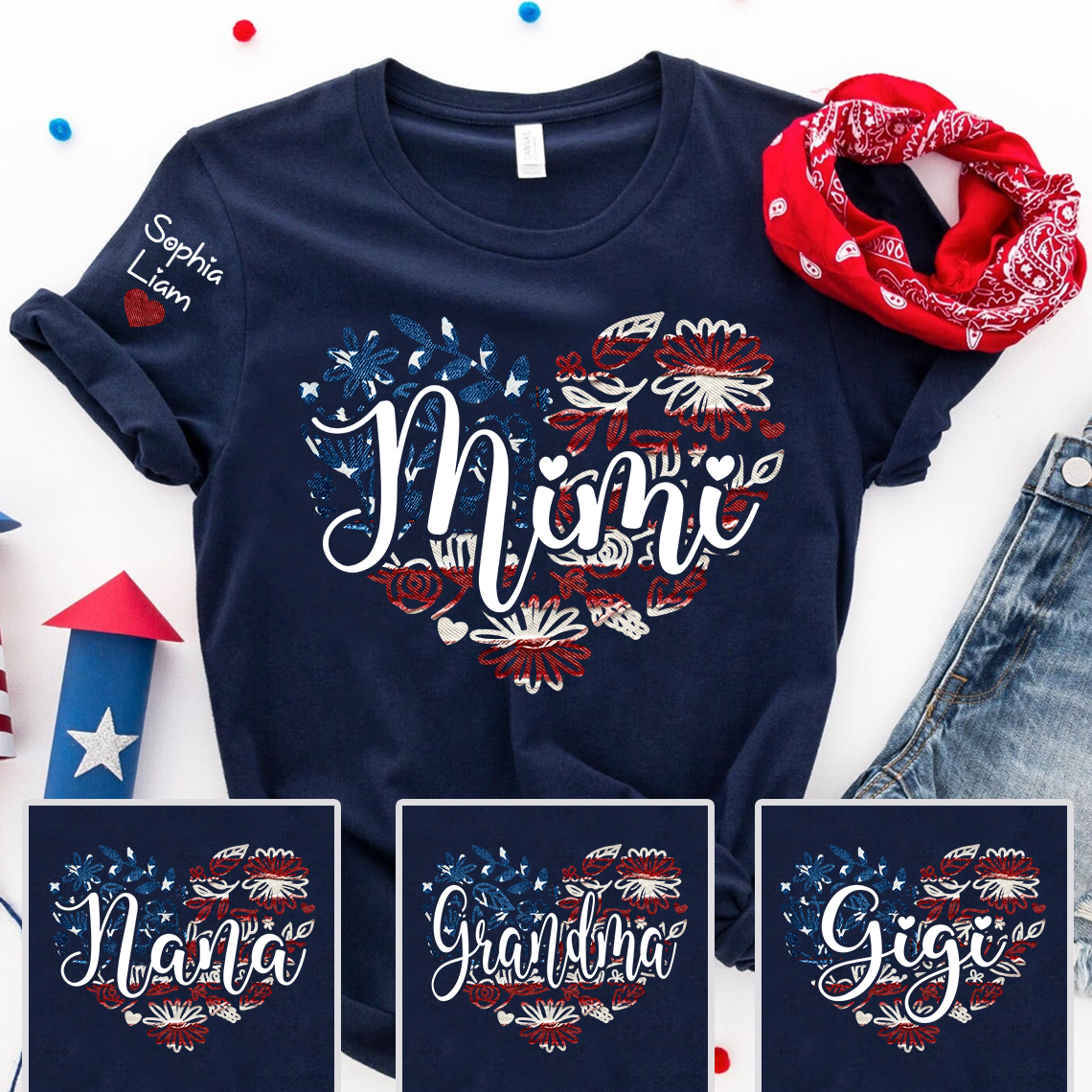 Custom Mimi Patriotic Floral Heart T-Shirt – Personalized 4th of July Tee with Grandkids Names, American Flag Design