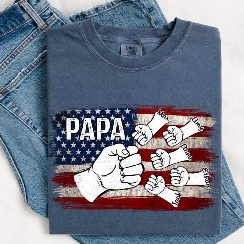 Papa Fist Bump Custom T-Shirt – Personalized American Flag Tee with Kids Names, Father’s Day Gift for Grandpa