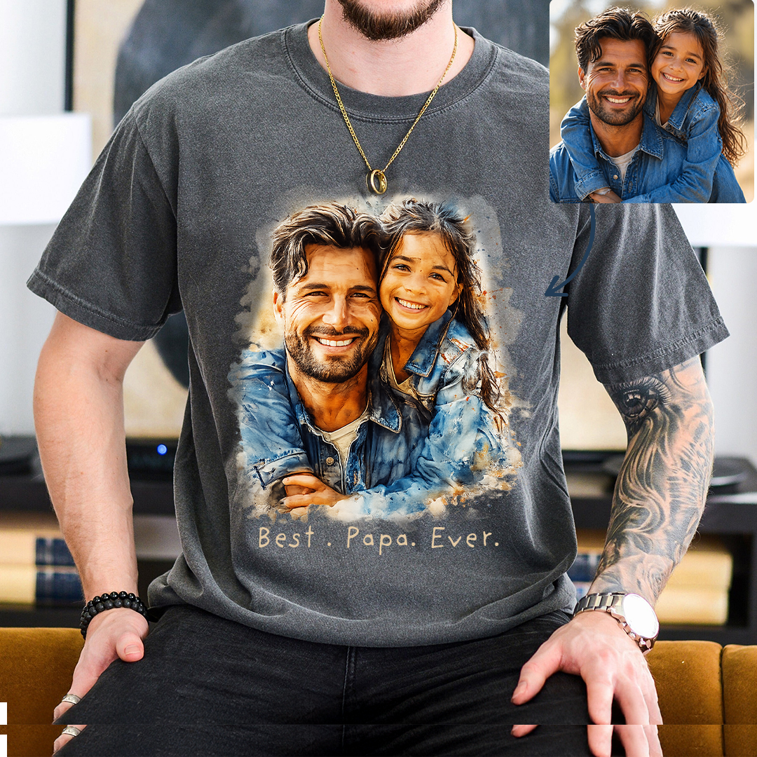 Custom Watercolor Portrait "Best Papa Ever" T-Shirt – Personalized Photo Tee, Father’s Day Gift for Papa