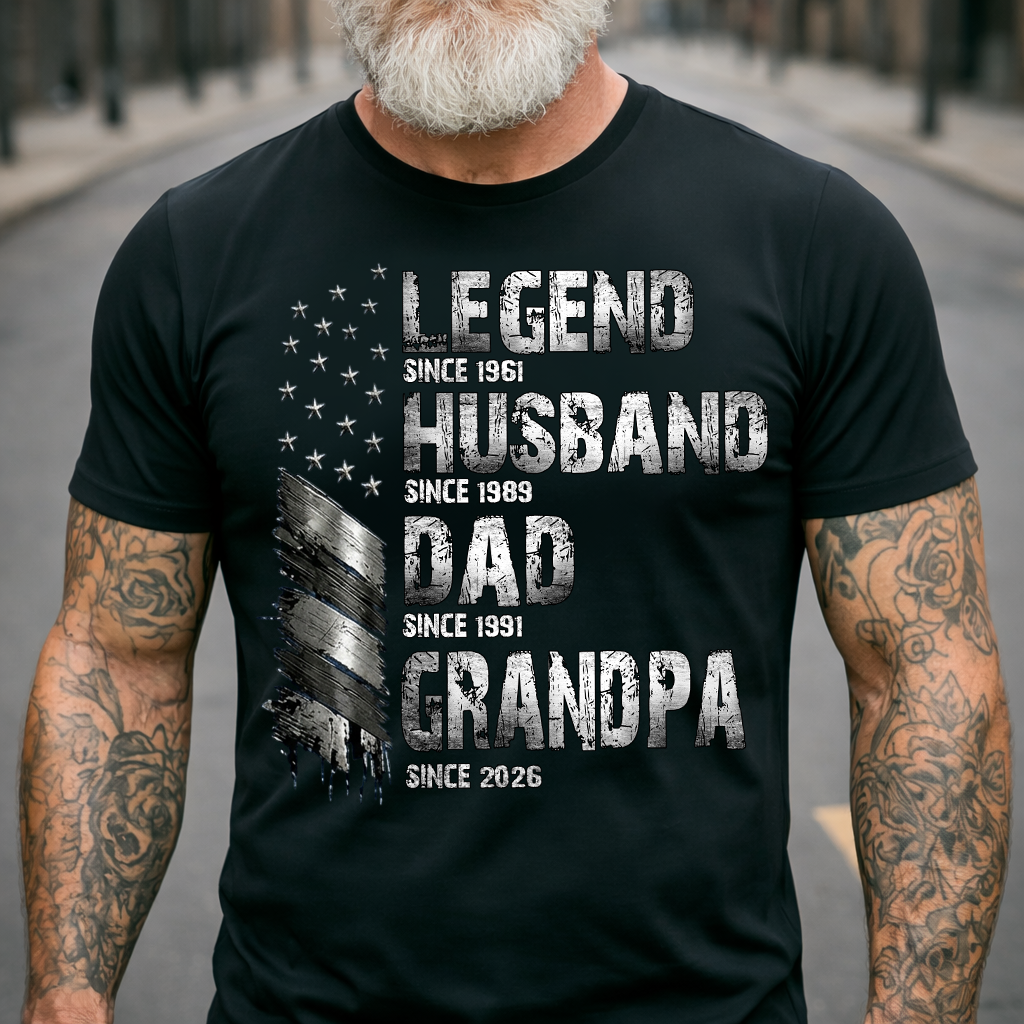 Legend Husband Dad Grandpa Custom T-Shirt – Personalized American Flag Tee with Milestone Years, Father’s Day Gift for Grandpa