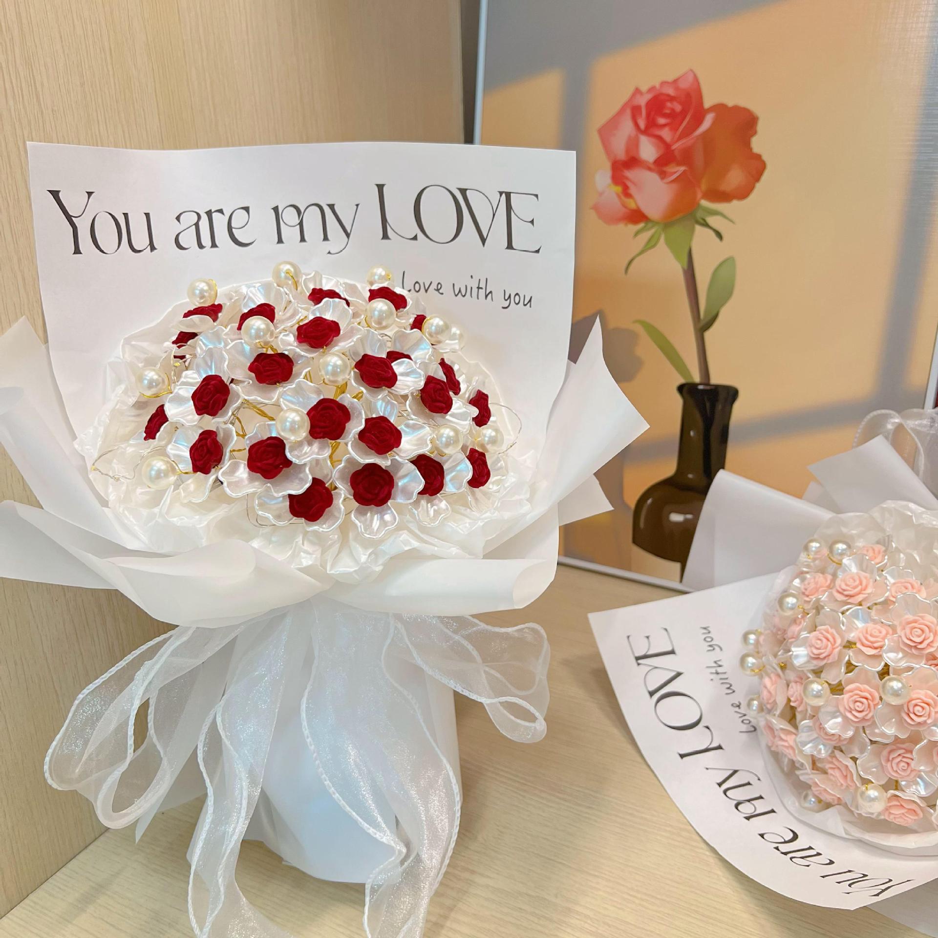 Elegant Pearl & Rose Bouquet - "You are my LOVE" Romantic Gift for Valentine's Day