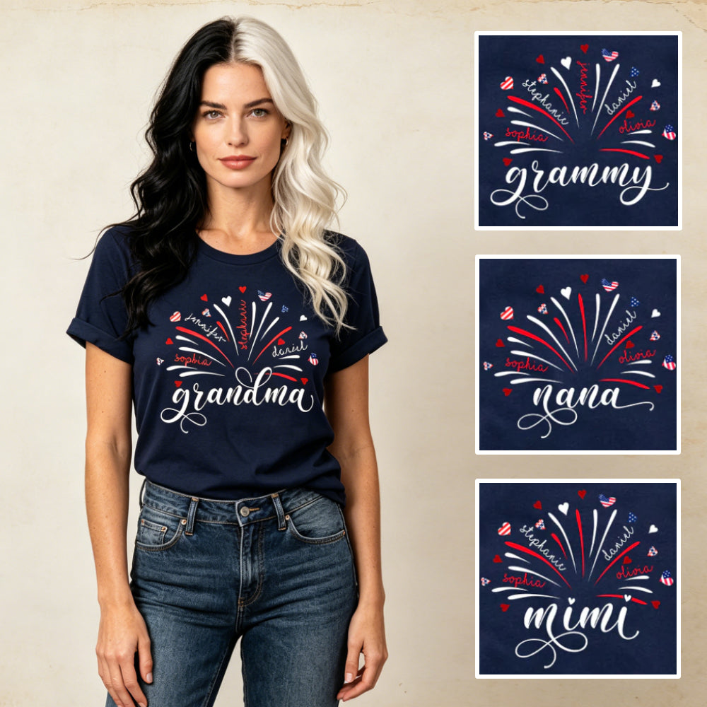 Personalized 4th of July Grandma T-Shirt - Custom Grandkids Names Fireworks America Flag Design, Grandma Shirt