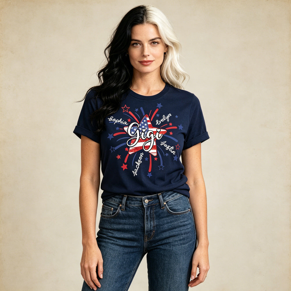 Personalized 4th of July Grandma T-Shirt – American Flag Star Firework Tee with Grandkids’ Names, Patriotic Gift for Grandma