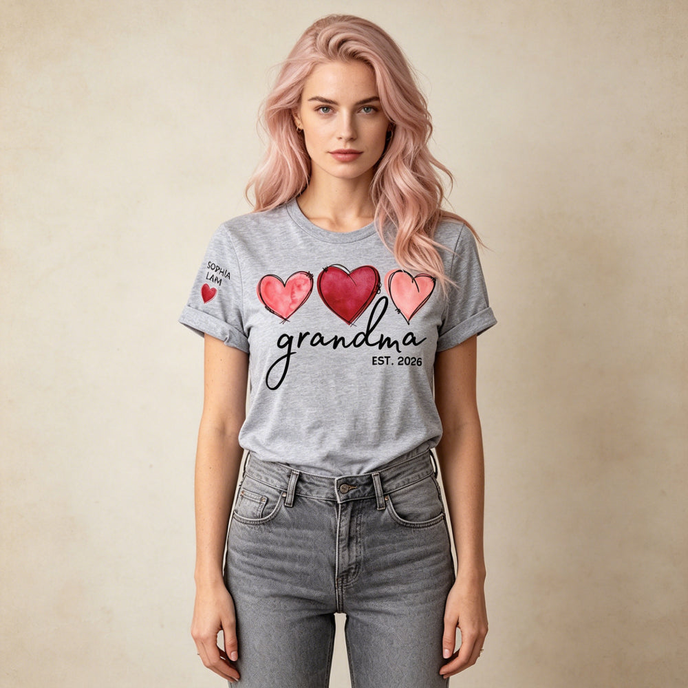 Custom Watercolor Hearts Design Grandma T-Shirt - Personalized with Grandkids Names on Sleeve