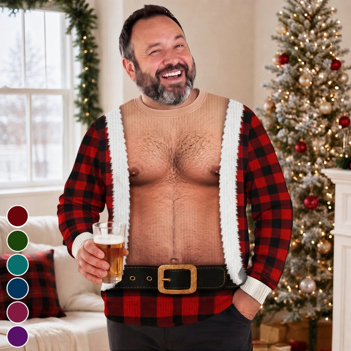 Custom Funny Men Ugly Christmas Sweatshirt‑Personalized "Bringing The Heat In Plaid" Crewneck, Novelty Fake Body Buffalo Plaid Santa Illusion Holiday Gift for Husband, Dad, Son, Grandpa, Yourself