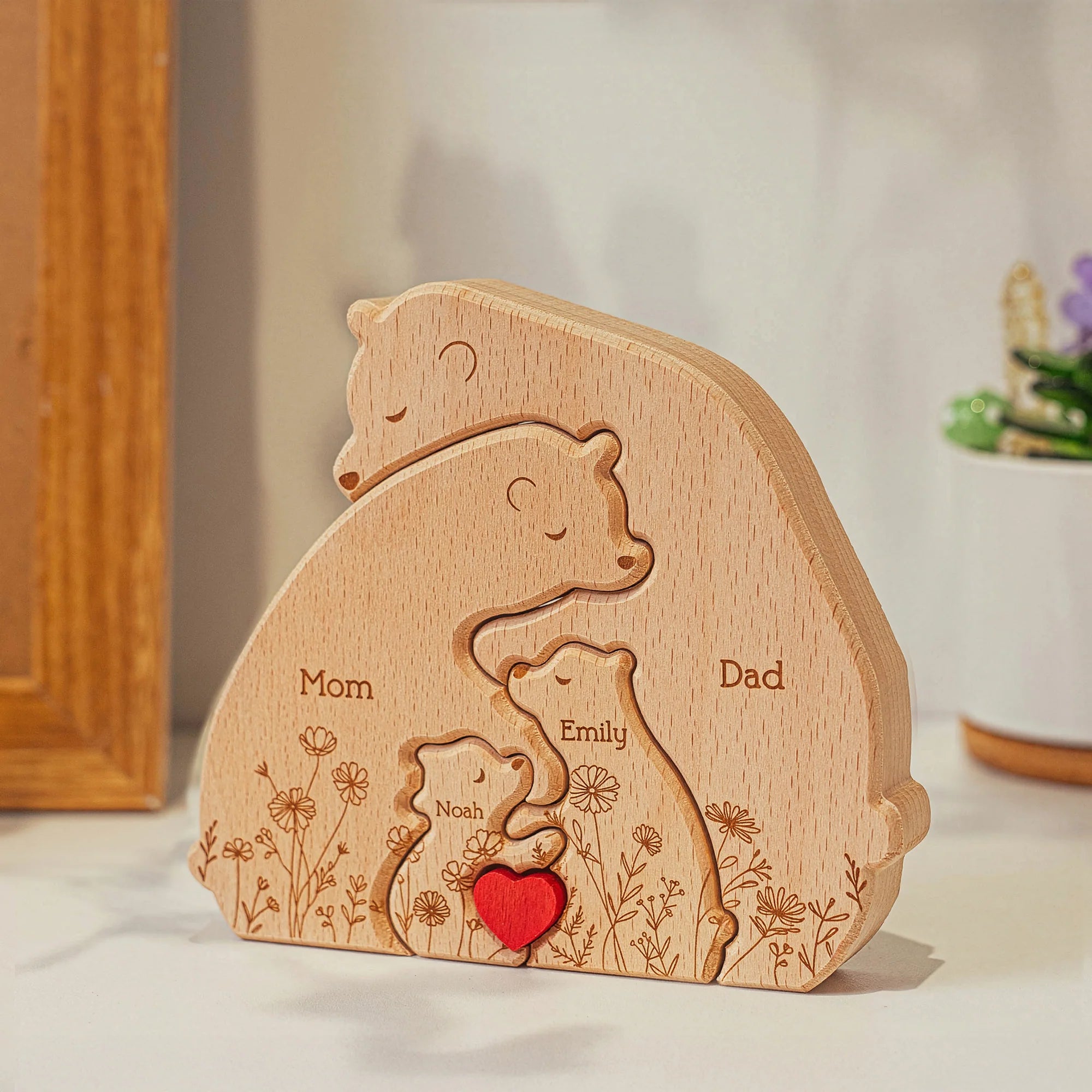 Hugging Bear Family Floral Version - Personalized Wooden Bear Family Puzzle, Gift For Mom