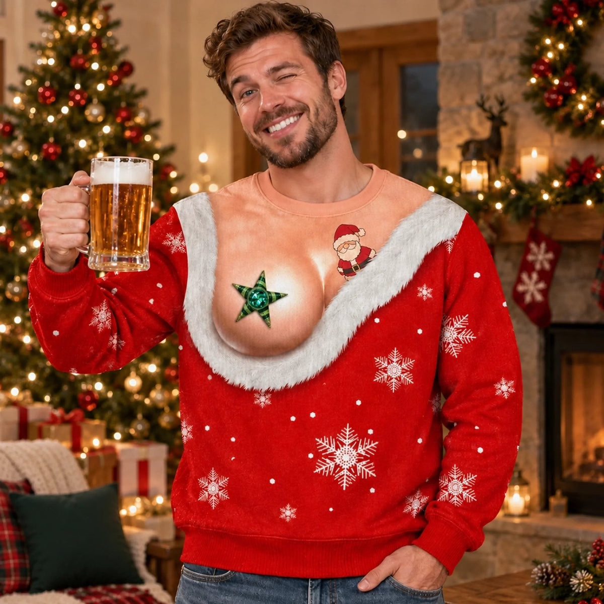 Custom Funny Ugly Christmas Sweatshirt, Personalized 3D Illusion Santa Body Crewneck, Novelty "Merry And Slightly Unhinged" Holiday Gag Gift for Husband, Dad, Son, Grandpa, Brother, Yourself
