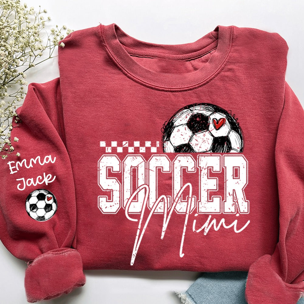 Personalized Soccer Mimi Sweatshirt, Custom Grandkids Names on Sleeve, Soccer Ball Graphic Crewneck, Soccer Grandma Gift for Game Day, Mother’s Day