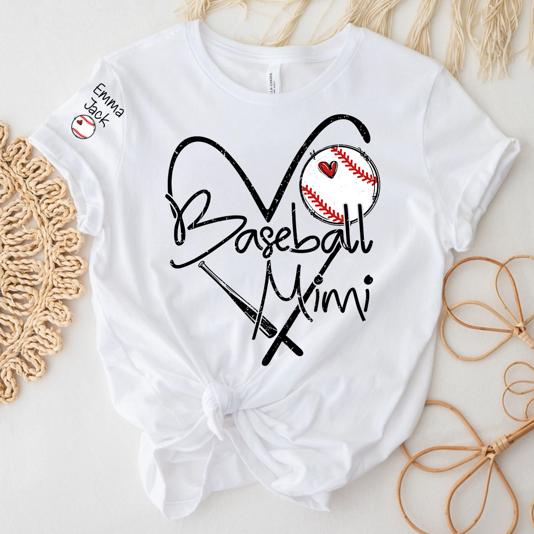 Personalized Baseball Mimi T-Shirt - Custom Grandkids Names Sleeve, Heart & Baseball Design Gift for Mimi