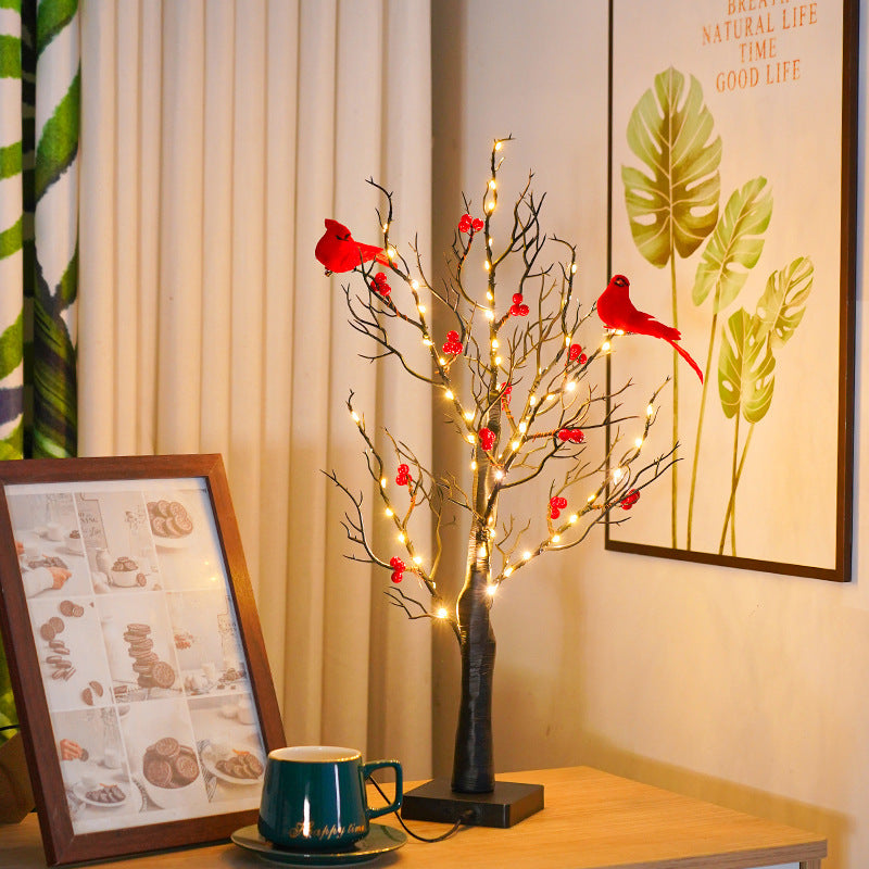Cardinal Bird Tabletop LED Tree Light, Warm Light Artificial Twig Tree Lamp with Red Berries & Red Cardinal Birds, Indoor Desk Decor Light for Bedroom Living Room Holiday Home Decor