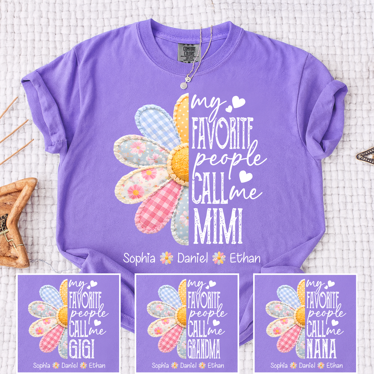 Personalized Mimi T-Shirt – Floral Design with “My Favorite People Call Me Mimi”, Custom Family Names on Sleeve, Grandma Gift