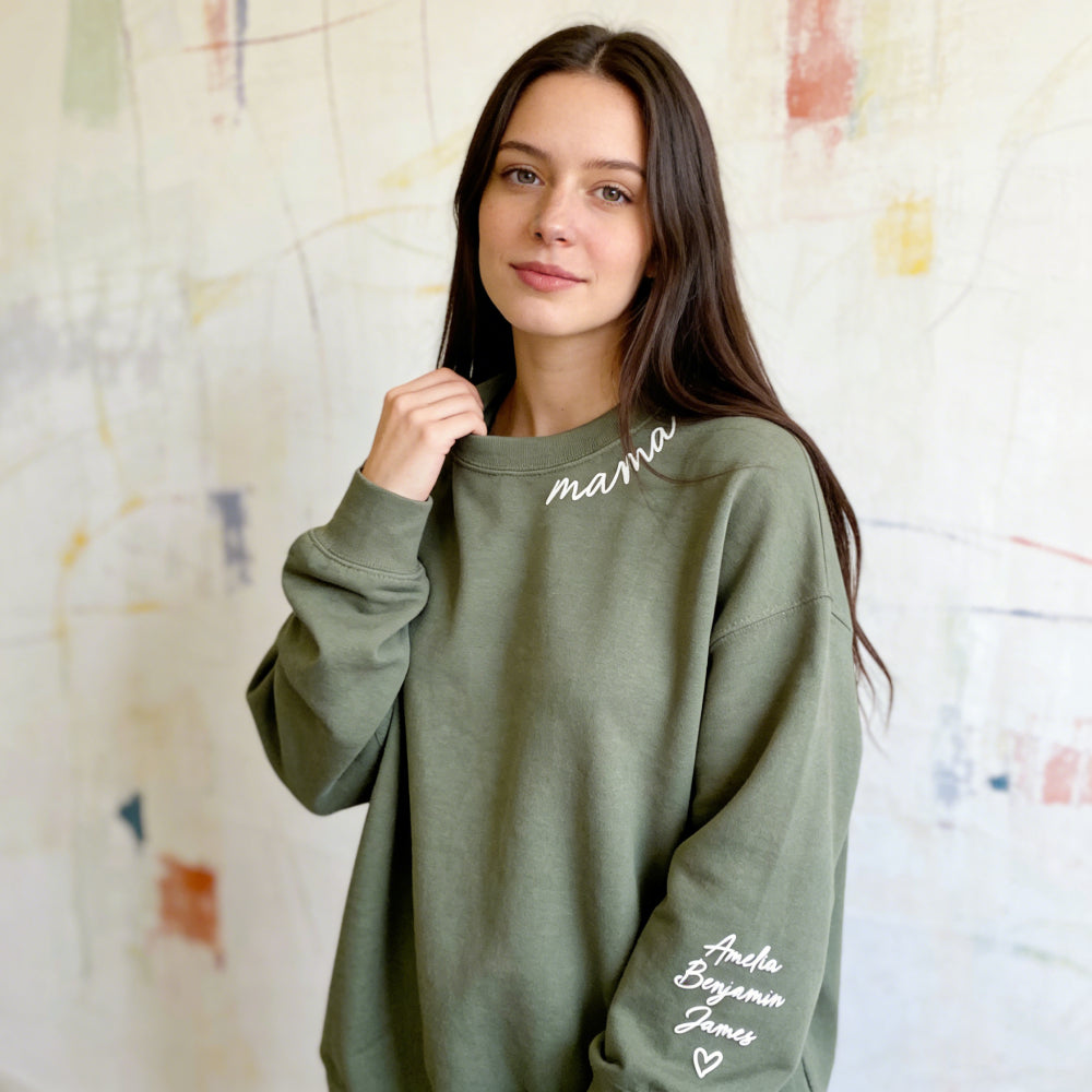 Custom Mama Puff Sweatshirt with Kids Names on Sleeve - Personalized Mother's Day Gift