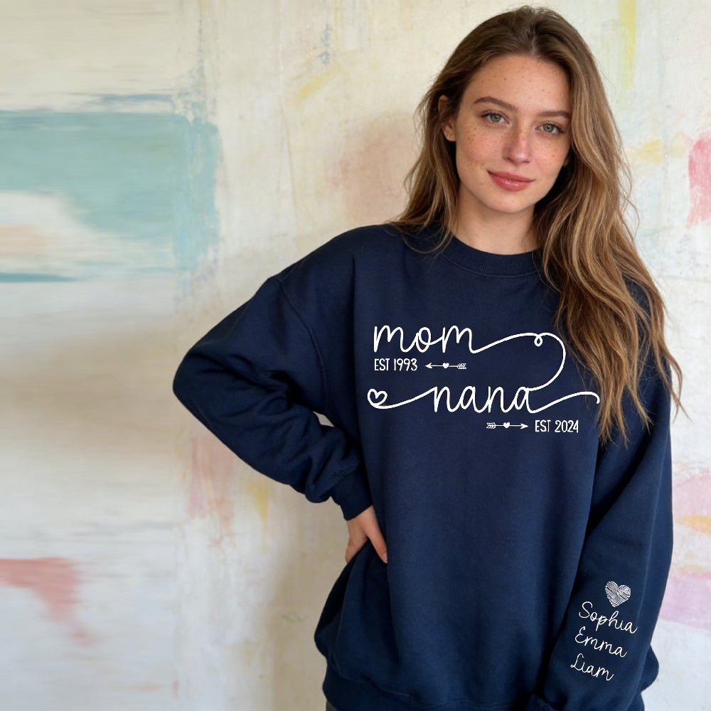 Custom EST Year Design Mom & Nana Sweatshirt - Personalized with Kids Names on Sleeve for Grandma