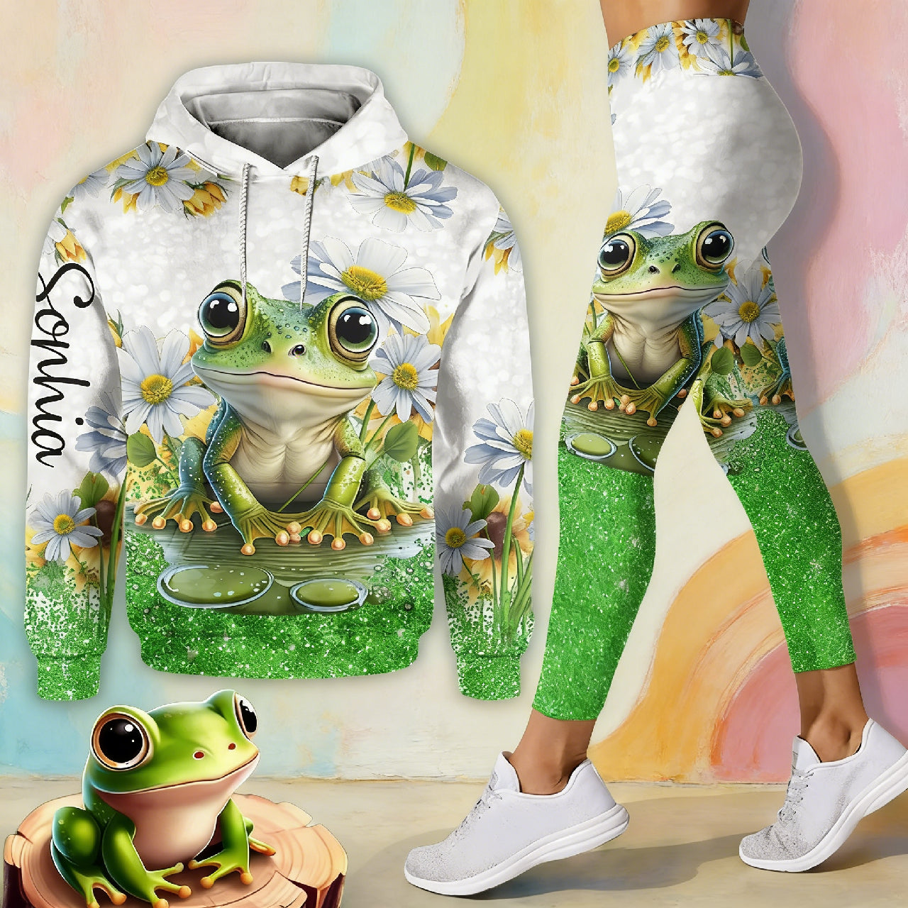 Custom Cute Frog & Daisy Hoodie & Leggings Set - Personalized Green Glitter Outfit, Gift for Frog Lover