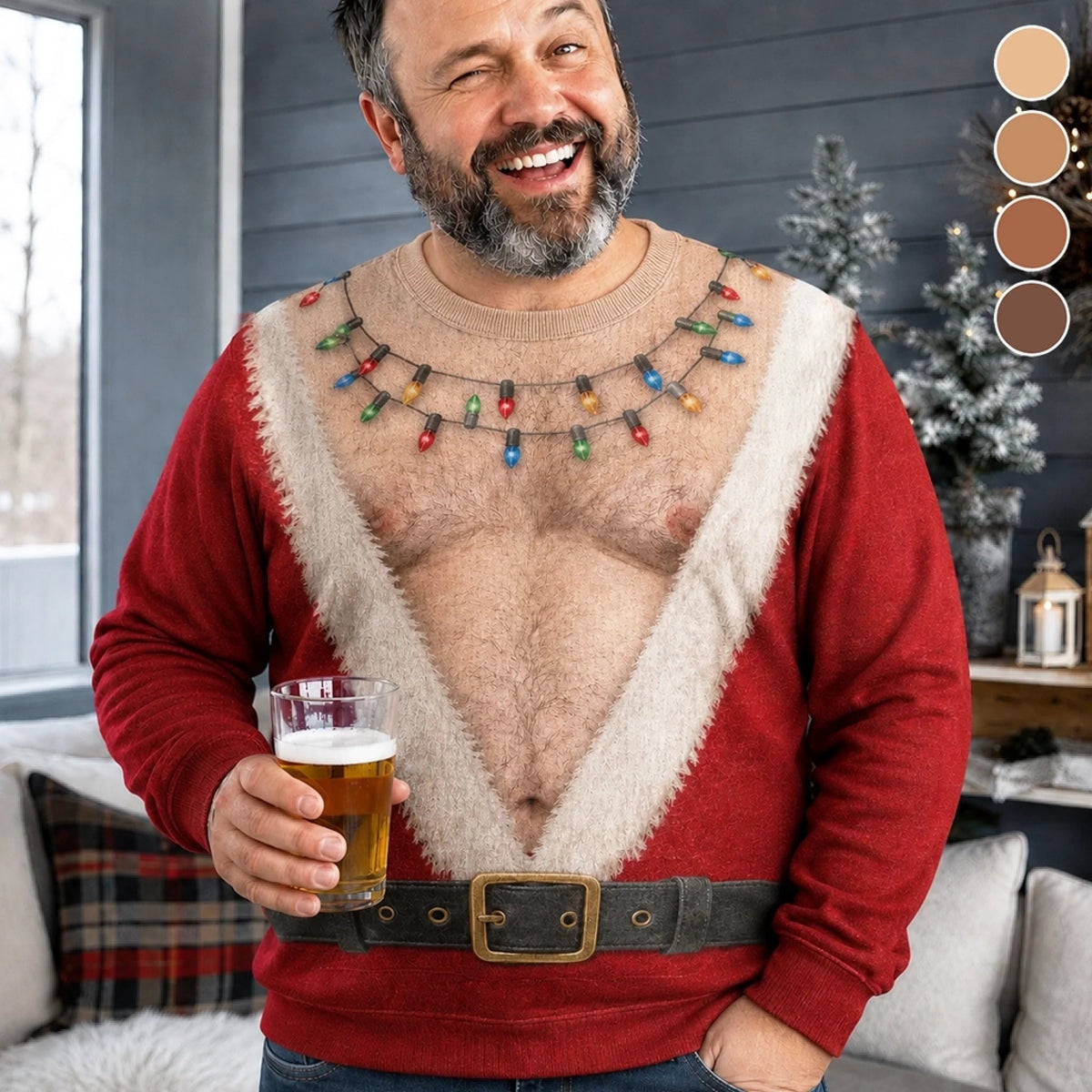 Custom Funny Ugly Christmas Sweatshirt‑Personalized "Santa Abs On Full Display Today" Crewneck, Novelty Fake Chest Illusion Holiday Gift for Husband, Dad, Son, Grandpa, Brother, Yourself