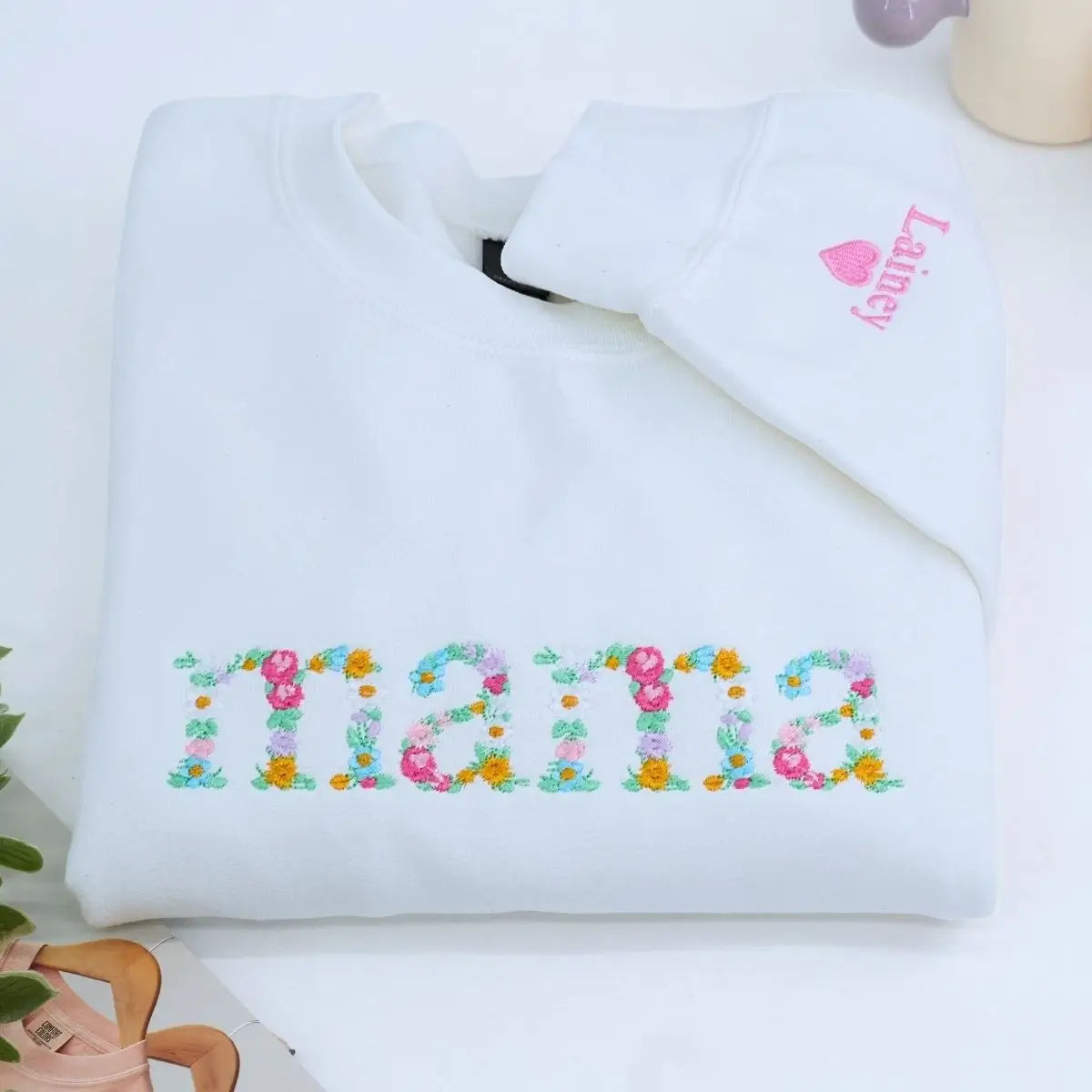Mama Floral Hoodie or Sweatshirt with Custom Embroidered Kids Name On Sleeve