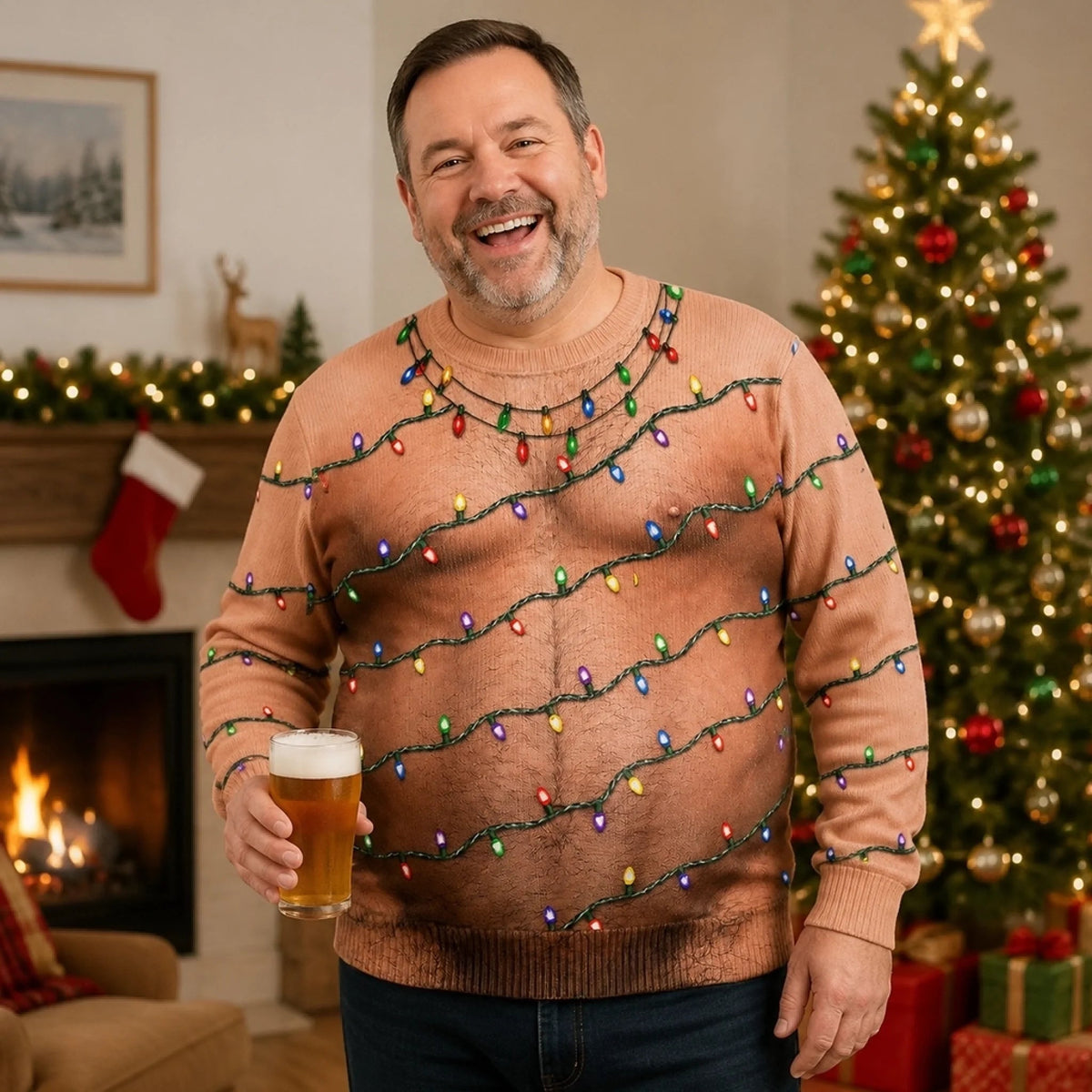Custom Funny Men Ugly Christmas Sweatshirt‑Personalized "Bringing Pure Heat To Parties" Crewneck, Novelty Christmas Lights Body Illusion Holiday Gift for Husband, Dad, Son, Grandpa, Yourself