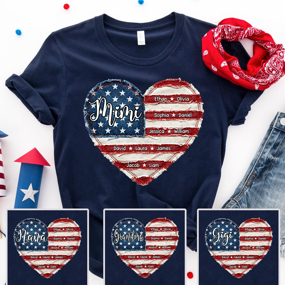 Personalized Mimi T-Shirt – Custom Family Names, American Flag Heart Design, Patriotic Gift for Grandma on Mother’s Day & 4th of July