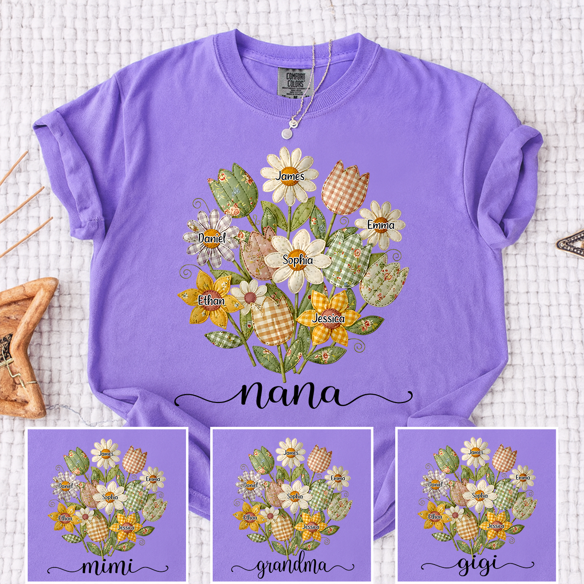 Personalized Nana T-Shirt – Custom Flower Bouquet Design with Grandkids‘ Names, Grandma Gift for Nana