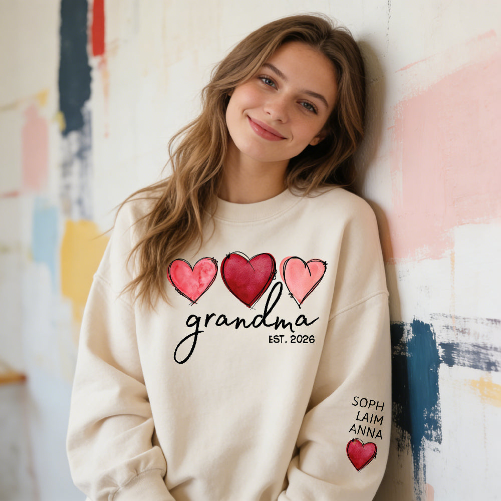 Custom Watercolor Hearts Design Grandma Sweatshirt - Personalized with Grandkids Names on Sleeve