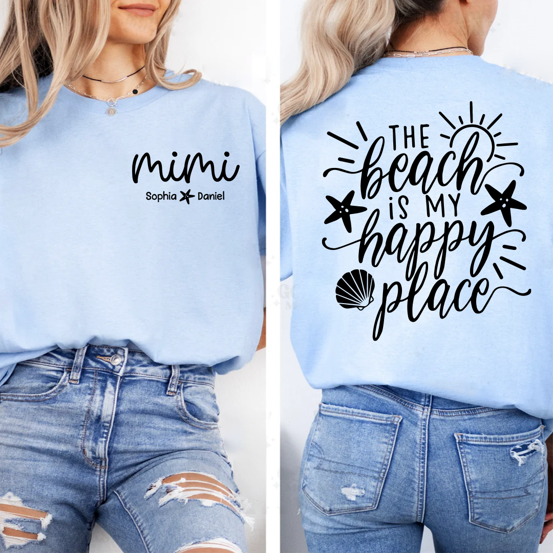 Personalized Mimi The Beach Is My Happy Place T-Shirt – Custom Grandkids Names, Beach Lover Grandma Gift, Summer Vacation Tee for Women