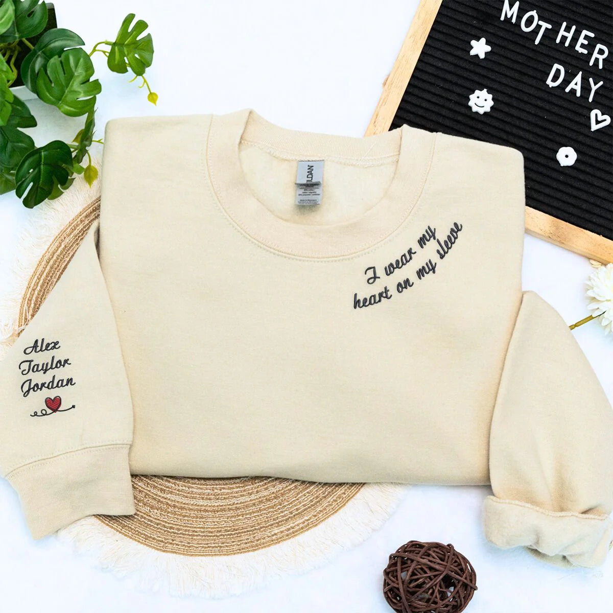 Personalized Wear My Heart On My Sleeve Sweatshirt or Hoodie, Custom Embroidered Gift for Mom