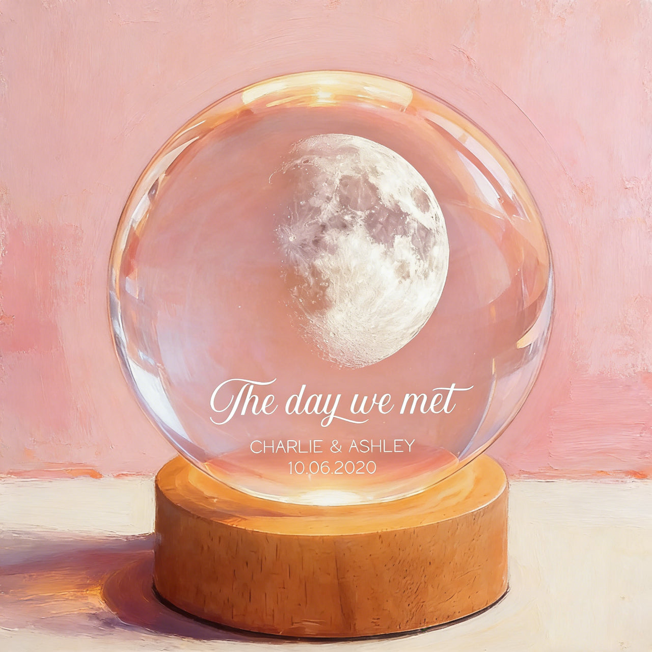 Personalized Moon Crystal Ball Night Light - Custom Wedding Date & Names Lamp, Gift for Anniversary
