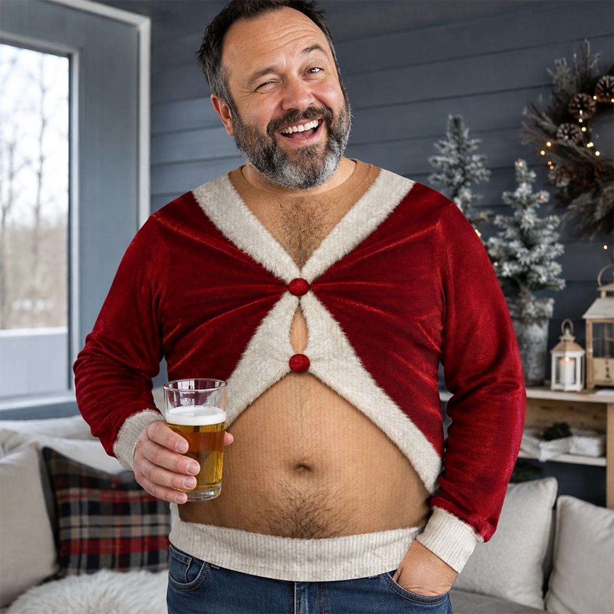 Custom Funny Unisex Ugly Christmas Sweatshirt‑Personalized "Santa Favorite Trouble Maker" Crewneck, Novelty Cropped Santa Outfit Fake Body Illusion Holiday Gift for Husband, Dad, Son, Grandpa, Yourself