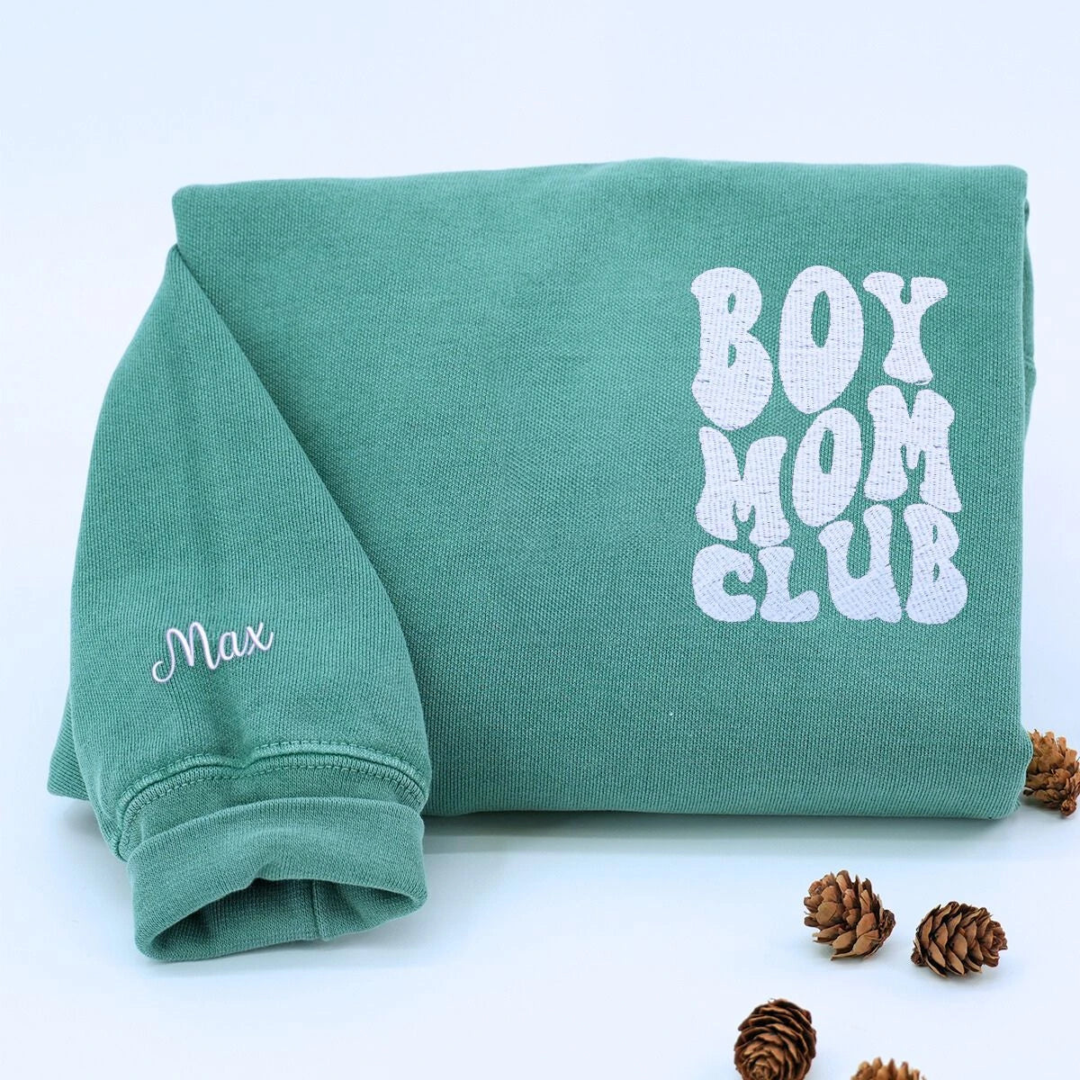 Custom Boy Mom Club Sweatshirt with Embroidered Kids Names on Sleeve