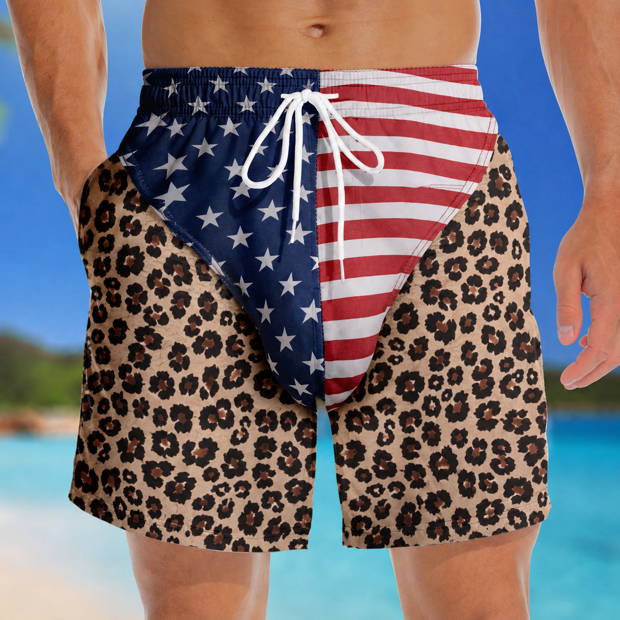 Custom Patriotic Men‘s Swim Trunks – Personalized American Flag Leopard Beach Shorts, Funny Summer Vacation & Travel Gift for Men, Freedom Swimwear